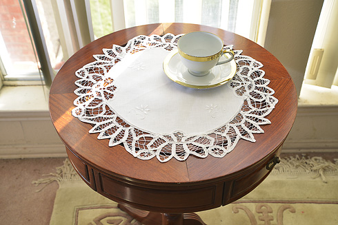 White Princess Battenburg Lace 16" Round Table Topper ( 2 pieces